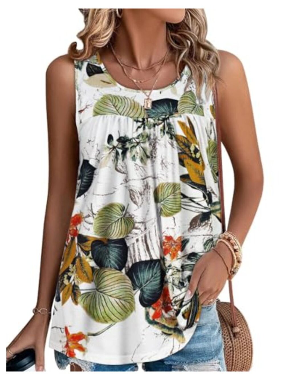 Womens Tank Top Summer Sleeveless Pleated Tunic Casual Loose Fit Top